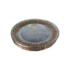Set of 5 Arcoroc Christmas Holly & Berry Salad Plates 8” Red Ribbon Gold Trim